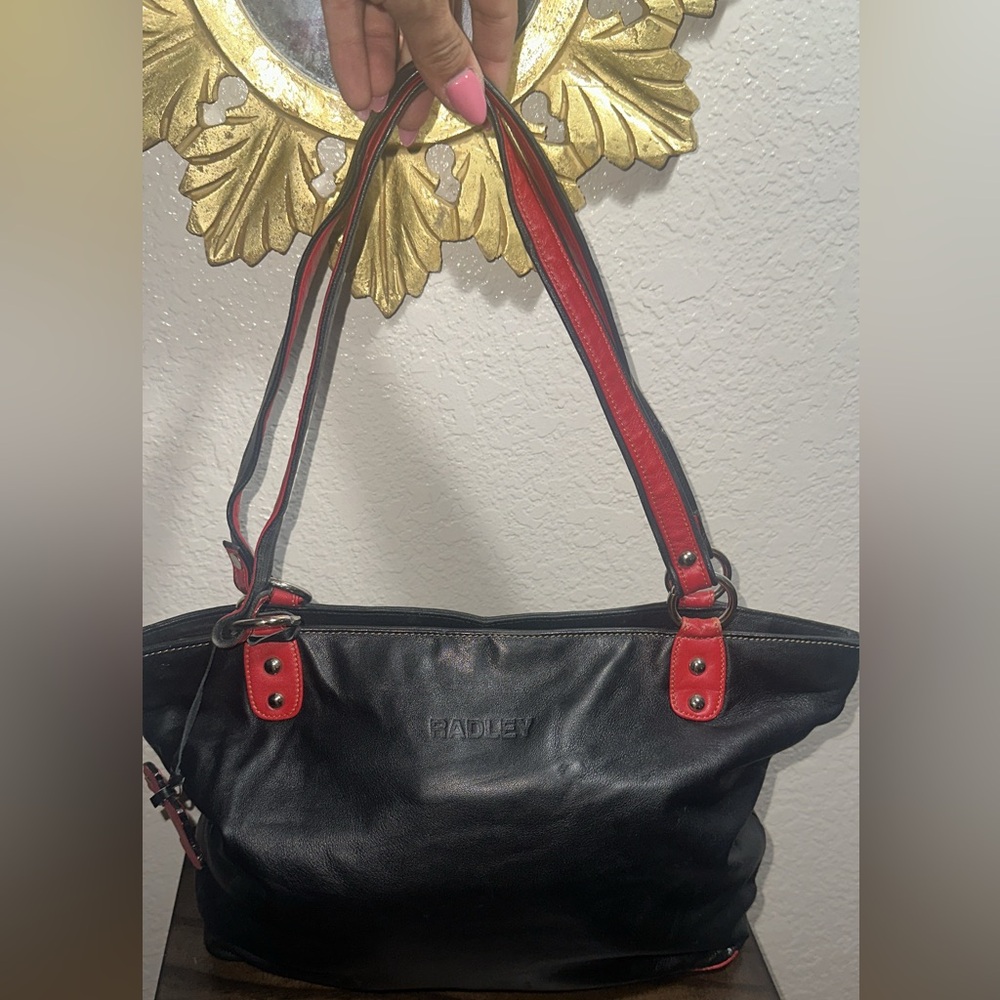 Radley London Black Leather Tote Shoulder Bag Red Trim Scottie Dog Charm